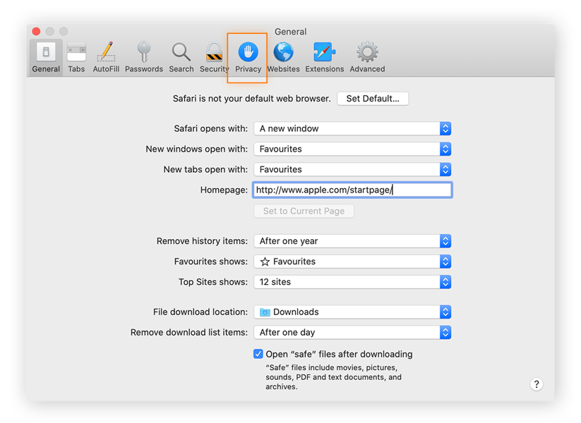 Click the “Privacy” tab in the top menu to continue to Safari's privacy settings